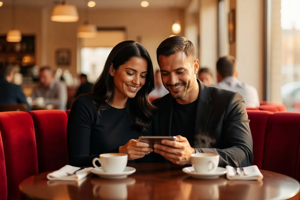 Un couple souriant fait défiler une application sur un téléphone, assis dans un café lumineux, ambiance décontractée