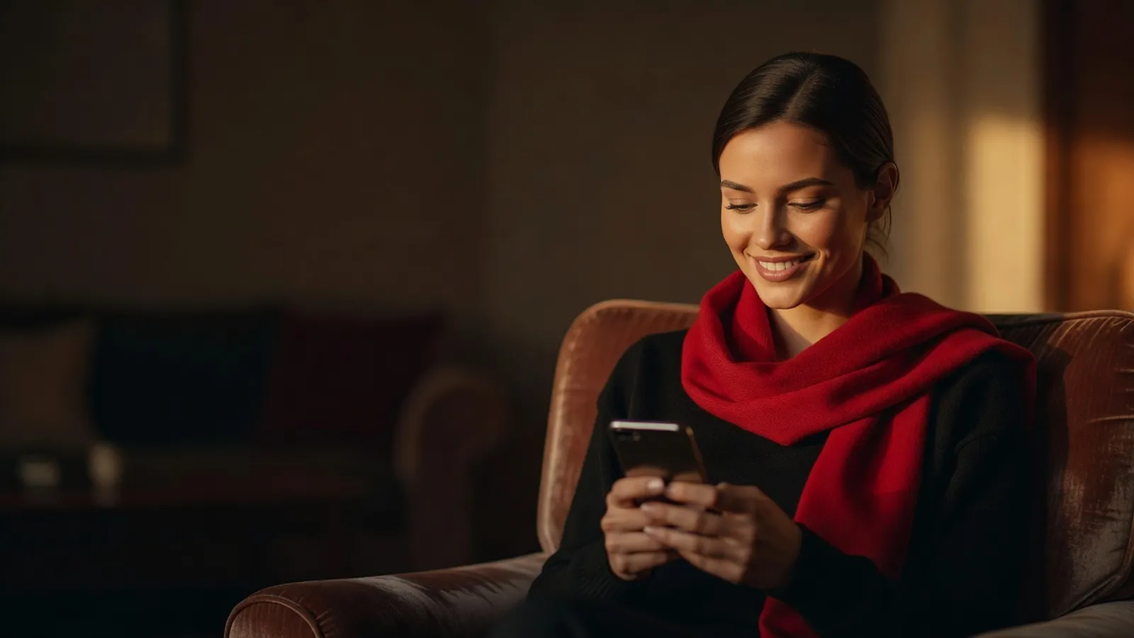 Une jeune femme souriante consulte son téléphone dans un fauteuil en cuir, écharpe rouge sur les épaules