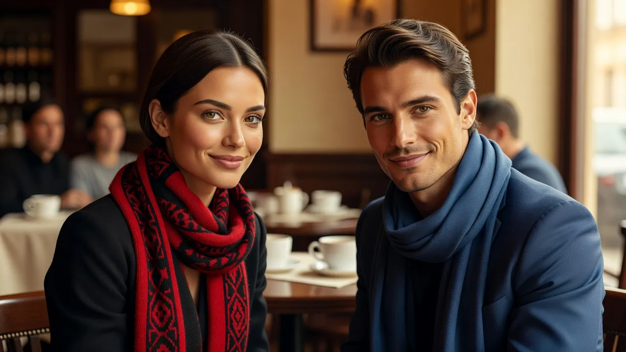 Un couple souriant portant chacun une écharpe de couleur différente, complices malgré leur rivalité sportive